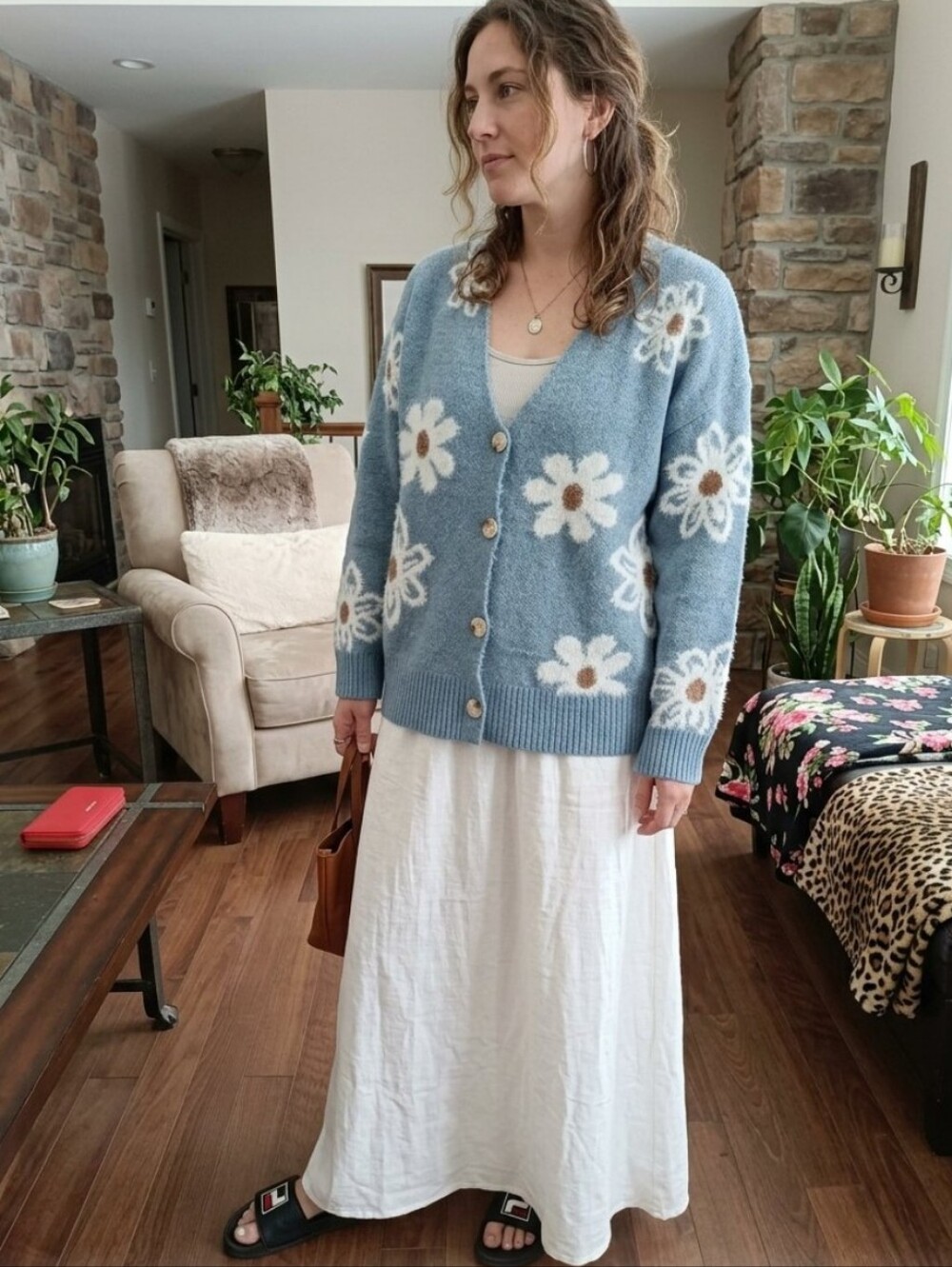 Blue Daisy-Print V-Neck Button Cardigan Sweater